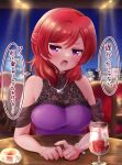  1girl :o blush bracelet breasts candle chair cup dress drinking_glass happy_birthday highres indoors jewelry large_breasts looking_at_viewer love_live! medium_hair mixed-language_commentary necklace night nishikino_maki pov_across_table pov_dating purple_dress purple_eyes red_hair ritaso see-through sitting solo speech_bubble table translation_request wine_glass 