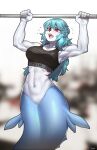  5_fingers abs autumn_rhapsody black_clothing black_topwear blue_body blue_hair blue_scales blue_skin bra breasts clothing female fingers hair hi_res mammal marine merfolk pgm300 pinniped pull_up_bar red_eyes scales seal semi-anthro solo split_form topwear underwear 