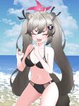  1girl absurdres animal_ears blue_archive breasts cleavage closed_eyes cloud collarbone commentary grey_hair halo highres hrna long_hair medium_breasts michiru_(blue_archive) navel ocean pose sky swimsuit twintails 