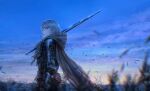  1girl animal armor artist_name bangs bird black_armor blurry blurry_foreground brown_cape cape cloud day from_side grey_hair highres holding holding_sword holding_weapon hood hood_down hooded_cape jdori looking_to_the_side original outdoors over_shoulder shoulder_plates solo sword weapon weapon_over_shoulder 