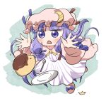  1girl blush crescent crescent_hat_ornament d: dress food full_body hat hat_ornament long_hair mob_cap open_mouth outstretched_arms patchouli_knowledge pudding purple_eyes purple_hair rokugou_daisuke solo striped touhou tripping 