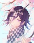  1boy artist_name bangs black_hair blurry blurry_foreground branch checkered_clothes checkered_scarf cherry_blossoms danganronpa_(series) danganronpa_v3:_killing_harmony ewa_(seraphhuiyu) flipped_hair grey_background hair_over_one_eye highres jacket looking_at_viewer male_focus medium_hair one_eye_covered ouma_kokichi pink_eyes scarf simple_background smile solo_focus upper_body white_jacket 