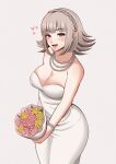  1girl :d akihiro94 bangs bare_arms bouquet bracelet breasts brown_hair cleavage danganronpa_(series) danganronpa_2:_goodbye_despair dress flower grey_background heart highres holding holding_bouquet jewelry large_breasts looking_at_viewer nanami_chiaki necklace no_mole open_mouth pink_eyes pink_flower shiny shiny_hair simple_background smile solo wedding_dress yellow_flower 