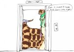  anthro apode araelkins breasts clothed clothing dialogue draconcopode elevator female furgonomics hog-nosed_snake legless looking_at_viewer open_door purse reptile scalie scarf serpentine shirt snake solo speech_bubble tail_clothing tail_warmer topwear 