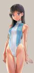  1girl black_hair blue_eyes breasts commentary_request competition_swimsuit grey_background katahira_masashi long_hair one-piece_swimsuit original simple_background small_breasts solo standing swimsuit turtleneck two-tone_swimsuit white_swimsuit 