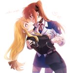  2girls aki_(neyuki41028) blonde_hair couple eye_contact fate_testarossa happy heart highres holding_hands imminent_kiss long_hair looking_at_another lyrical_nanoha mahou_shoujo_lyrical_nanoha_strikers military military_uniform multiple_girls orange_hair pantyhose purple_eyes red_eyes side_ponytail simple_background skirt smile takamachi_nanoha thighhighs tsab_air_military_uniform tsab_executive_military_uniform uniform very_long_hair watermark white_background yuri 