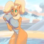  absurd_res activision anthro bandicoot big_breasts blonde_hair breasts clothed clothing coco_bandicoot crash_bandicoot_(series) curvy_figure female fur green_eyes hair hi_res mammal marsupial ponytail solo swimwear thick_thighs video_games voluptuous xaren1234 