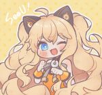  1girl :3 ahoge animal_ears bare_shoulders blonde_hair blue_eyes blush cat_ears cd eyebrows_visible_through_hair fake_animal_ears fang hn_(artist) long_hair one_eye_closed open_mouth seeu short_eyebrows signature solo star-shaped_pupils star_(symbol) symbol-shaped_pupils upper_body very_long_hair vocaloid wavy_hair yellow_background 