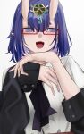 1girl absurdres bangs black_jacket bob_cut breasts eyeliner fate/grand_order fate_(series) glasses headpiece highres horns jacket long_sleeves looking_at_viewer makeup off_shoulder oni oni_horns open_mouth purple_eyes purple_hair san_(harutuki_3) shirt short_hair shuten_douji_(fate) skin-covered_horns small_breasts smile solo white_shirt 