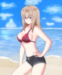  1girl bangs beach bikini bikini_top_only black_shorts blue_eyes blue_sky blush boko_(girls_und_panzer) breasts cleavage closed_mouth cloud cloudy_sky commentary_request cowboy_shot cross day denim denim_shorts eyebrows_visible_through_hair frown girls_und_panzer grey_hair hand_on_hip horizon iron_cross iteza_(flapper_girl_25) itsumi_erika looking_at_viewer medium_hair navel ocean outdoors partial_commentary print_bikini red_bikini short_shorts shorts sky solo standing swimsuit 