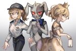  3girls animal_costume animal_ears blonde_hair bow crown dress five_nights_at_freddy&#039;s five_nights_at_freddy&#039;s:_security_breach green_hair hat highres medium_hair multiple_girls multiple_persona necktie ponytail rabbit_costume rabbit_ears red_eyes security_guard smile time_paradox uniform vanessa_(fnaf) vanny_(fnaf) 