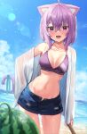  1girl absurdres ahoge animal_ears bikini bikini_top_only blue_shorts blue_sky breasts cat_ears cat_tail cloud collarbone day eyebrows_visible_through_hair food fruit hair_between_eyes hand_on_hip highres hololive looking_at_viewer medium_breasts navel nekomata_okayu open_mouth purple_bikini purple_eyes short_hair shorts sky smile swimsuit tail unbuttoned unbuttoned_shorts virtual_youtuber watermelon woogi_(duguddnr) 