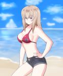  1girl bangs beach bikini bikini_top_only black_shorts blue_eyes blue_sky blush boko_(girls_und_panzer) breasts cleavage closed_mouth cloud cloudy_sky commentary_request cowboy_shot cross day denim denim_shorts eyebrows_visible_through_hair frown girls_und_panzer grey_hair hand_on_hip horizon iron_cross iteza_(flapper_girl_25) itsumi_erika looking_at_viewer medium_hair navel ocean outdoors partial_commentary print_bikini red_bikini short_shorts shorts sky solo standing swimsuit 