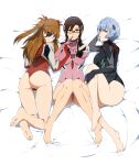  3girls absurdres ass ayanami_rei barefoot blue_eyes blue_hair brown_hair eyepatch finger_to_face highres hukii interface_headset leotard long_hair looking_at_viewer lying makinami_mari_illustrious multiple_girls neon_genesis_evangelion on_back on_side on_stomach pilot_suit rebuild_of_evangelion red-framed_eyewear short_hair smile soles souryuu_asuka_langley thighs toes twintails v 