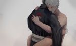  2boys arm_around_back black_hair blush breath clothed_male_nude_male colored_skin commentary datomato grey_hair hand_on_another&#039;s_shoulder hatake_kakashi hickey highres implied_anal implied_sex male_focus moaning mole mole_under_mouth multicolored_skin multiple_boys muscular muscular_male naruto_(series) naruto_shippuuden nude open_clothes open_mouth red_eyes scar scar_across_eye sharingan short_hair spread_legs standing straddling suspended_congress sweat trembling two-tone_skin uchiha_obito uchiha_symbol wide_sleeves yaoi 