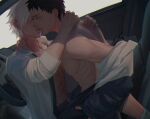  2boys abs black_hair blush car car_seat datomato grey_hair ground_vehicle hand_around_neck hand_on_another&#039;s_shoulder hatake_kakashi hickey highres imminent_kiss jacket looking_at_another male_focus motor_vehicle multiple_boys muscular muscular_male naruto_(series) naruto_shippuuden nipples open_clothes open_mouth pants pectorals red_eyes shirt short_hair socks straddling uchiha_obito undressing white_shirt yaoi 