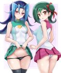  2girls bare_shoulders black_panties blue_hair blush breasts brown_eyes clothes_lift green_hair hair_bun hair_ribbon kamishiro_rio lifted_by_self long_hair looking_at_viewer mizuki_kotori_(yu-gi-oh!) multiple_girls panties pleated_skirt r-binon red_eyes ribbon short_hair sideboob skirt skirt_lift sleeveless small_breasts thighhighs underwear white_panties yu-gi-oh! yu-gi-oh!_zexal 