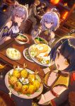  2boys 3girls absurdres ahoge almond_tofu_(genshin_impact) bangs bare_shoulders bell black_gloves black_hair blue_hair blush breasts brown_hair chopsticks cleavage detached_sleeves dress duplicate flower food formal ganyu_(genshin_impact) genshin_impact gloves golden_shrimp_balls_(genshin_impact) highres horns keqing_(genshin_impact) lantern long_hair looking_at_another looking_at_viewer looking_to_the_side multiple_boys multiple_girls neck_bell noodles open_mouth outdoors paper_lantern pixel-perfect_duplicate prosperous_peace_(genshin_impact) purple_dress purple_eyes purple_hair qingxin_flower sidelocks smile sparkle suit table tartaglia_(genshin_impact) upper_body white_flower xiangling_(genshin_impact) xude yellow_eyes zhongli_(genshin_impact) 