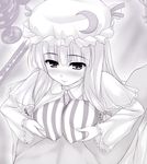  1girl blush bonnet breast_squeeze breasts covered_nipples frills greyscale hetero huge_breasts long_hair monochrome paizuri paizuri_over_clothes patchouli_knowledge saliva saliva_trail solo_focus striped touhou uni8 