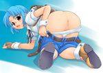  all_fours anus ass backpack bag blue_hair denim denim_shorts duplicate fingerless_gloves from_behind glasses gloves gunbird gunbird_2 panties panty_pull pussy red_eyes saikyou_anaheim short_hair shorts shorts_pull solo tavia uncensored underwear wrist_cuffs 