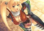  armor blonde_hair breasts censored cleavage dutch_angle erection from_above futanari gloves green_eyes hand_on_hip huge_breasts long_hair monster_hunter mosaic_censoring open_mouth panties penis skindentation solo strap thigh_strap thighhighs underwear veins veiny_penis yn_red 