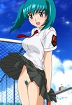  aqua_hair artist_request blush colored_pubic_hair green_hair hair_between_eyes honjou_mikaze meteor_sweepers_uniform no_panties pubic_hair pussy school_uniform skirt skirt_lift stratos_4 twintails wind wind_lift 