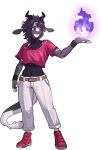  2022 anthro belt black_body black_hair bottomwear breasts chabett clothed clothing collar dragon elemental_manipulation female fire fire_manipulation footwear hair hi_res horn midriff navel open_mouth pants pgm300 red_eyes shoes short_hair solo standing white_body wristband 