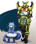  1boy 1girl absurdres adeshi_(adeshi0693119) apron blue_hair cape crossed_arms dragon_girl dragon_horns dragon_tail dress duel_monster eldlich_the_golden_lord full_body gloves glowing glowing_eyes gold_armor height_difference helmet highres horns laundry_dragonmaid loincloth long_sleeves multicolored_hair pointy_footwear red_eyes short_hair short_twintails shoulder_spikes spikes tail twintails two-tone_hair white_gloves wide_sleeves yellow_eyes yu-gi-oh! 