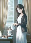  1girl absurdres black_hair black_jacket brown_eyes cake coffee collarbone curains door dress food highres jacket long_hair long_sleeves original smile solo standing white_dress youngsok 