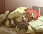  2022 ailurid anthro bed bedding belly black_body blanket bulge clothing detailed_background furniture futaba_kotobuki hi_res humanoid_hands kemono male mammal overweight overweight_male pajamas pillow red_body red_panda solo takagi_kyou trouble_(series) underwear 