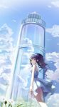  1girl absurdres bare_arms bare_shoulders blue_sky blush breasts closed_mouth cloud cloudy_sky commentary_request day dress flower frills from_side high_ponytail highres hyonee long_hair looking_at_viewer looking_to_the_side medium_breasts outdoors ponytail project_sekai purple_eyes purple_hair sky sleeveless sleeveless_dress solo standing sundress tower white_bird white_dress white_flower 