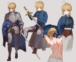  1girl armor arms_up artoria_pendragon_(fate) back bandages blonde_hair blood blood_on_clothes blood_on_face blood_on_weapon blue_jacket blue_ribbon braid contrapposto cowboy_shot cross_scar excalibur_(fate/stay_night) fate/stay_night fate_(series) french_braid from_behind green_eyes highres jacket jason_kim korean_commentary median_furrow multiple_scars ribbon saber scar scar_on_arm scar_on_back smile solo sword toned underwear undressing upper_body weapon white_background 