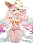  1girl angel angel_wings bikini bow bow_choker breasts cleavage cleavage_cutout closed_mouth clothing_cutout feathered_wings frills gabriel_(housamo) gradient_hair green_eyes halo hat heart long_hair lostdog121 medium_breasts multicolored_hair pink_hair smile solo straw_hat swimsuit tokyo_afterschool_summoners white_background white_hair wings 