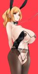  1girl absurdres animal_ears arms_behind_back black_bow blonde_hair bow breasts brown_eyes cleavage detached_collar earrings freckles high_ponytail highres huge_breasts jewelry leash leotard long_hair navel noir_(4chan) original pantyhose pasties rabbit_ears red_background see-through sidelocks translucent_bunnysuit 