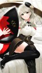 1girl absurdres azur_lane bangs bed black_footwear black_headwear black_skirt boots breasts drill_locks eyebrows_visible_through_hair feet_out_of_frame grey_eyes grey_hair hair_ornament high_heel_boots high_heels highres holding holding_toy large_breasts long_hair looking_at_viewer lutzow_(azur_lane) nail_polish on_bed open_mouth red_nails shirt sitting sitting_on_bed skirt smile solo teeth_hold thigh_boots toy tsuri_pi white_shirt 