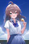  1girl :d absurdres ahoge arm_behind_back blue_eyes blue_skirt blue_sky blush bow bowtie brown_hair cloud cloudy_sky commentary_request contrail day food hair_between_eyes hair_down highres hitachi_sou hololive looking_at_viewer natsuiro_matsuri outdoors pleated_skirt popsicle school_uniform skirt sky smile solo upper_body virtual_youtuber 
