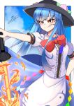  1girl bangs black_headwear blue_hair blue_skirt blue_sky bow bowtie closed_mouth cloud eyebrows_visible_through_hair food fruit hand_on_hip highres hinanawi_tenshi holding holding_sword holding_weapon kaitojaja19980520 leaf long_hair outside_border peach red_bow red_bowtie red_eyes short_sleeves signature skirt sky smile solo standing sword sword_of_hisou touhou weapon 
