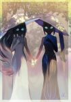  2girls dress fate/grand_order fate_(series) glowing glowing_eyes hidden_face holding_hands ichimegasa long_dress long_hair multiple_girls siblings side_ponytail signature single_sleeve sisters trung_nhi_(fate) trung_nhi_(third_ascension)_(fate) trung_trac_(fate) trung_trac_(third_ascension)_(fate) ukumituki 