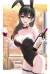  1girl animal_ears bangs bare_shoulders black_hair black_leotard blurry blurry_background blush bottle bow bowtie breasts cleavage collarbone commentary_request cowboy_shot detached_collar hair_between_eyes hair_bow highleg highleg_leotard highres kfr leotard looking_at_viewer medium_breasts mole mole_under_eye open_mouth original photo_background playboy_bunny rabbit_ears red_bow red_bowtie red_wine smile solo standing strapless strapless_leotard thigh_strap thighs traditional_bowtie wine_bottle 