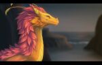  2022 ambiguous_gender black_body black_fur day detailed_background digital_media_(artwork) dragon feral fur furred_dragon hair orange_body orange_fur outside pink_hair silvyr sky smile solo 