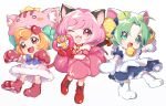  3girls :3 absurdres ahoge animal_ear_fluff animal_ear_headwear animal_ears animal_hands animal_hat anyamal_tantei_kirumin_zoo apron bangs bell blonde_hair bloomers blue_hair blush boots cat_day cat_ears cat_hat chibi crown dejiko di_gi_charat dress eyebrows_visible_through_hair fake_animal_ears fur_trim gloves green_eyes green_hair hat hat_bell highres holding holding_weapon looking_at_viewer magical_girl mikogami_riko momomiya_ichigo multicolored_hair multiple_girls neck_bell neck_ribbon off-shoulder_dress off_shoulder one_eye_closed open_mouth orange_hair outstretched_arm parted_bangs paw_gloves paw_shoes pinafore_dress pink_eyes pink_hair puffy_short_sleeves puffy_sleeves ribbon short_hair short_sleeves smile standing standing_on_one_leg streaked_hair tim_(0206tim) tokyo_mew_mew underwear weapon 