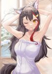  1girl absurdres animal_ear_fluff animal_ears armpits arms_up bangs bare_arms black_hair blush breasts closed_mouth collarbone dated hair_ornament hair_tie hair_tie_in_mouth highres hololive long_hair looking_at_viewer medium_breasts mouth_hold multicolored_hair naked_towel ogura_toast one_eye_closed ookami_mio orange_eyes red_hair signature solo streaked_hair tail towel tying_hair upper_body virtual_youtuber wet white_towel wolf_ears wolf_girl wolf_tail 