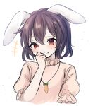  +++ 1girl absurdres animal_ears black_hair blush carrot_necklace dress grin hakurei_kaede highres inaba_tewi jewelry looking_at_viewer necklace puffy_short_sleeves puffy_sleeves rabbit_ears red_eyes short_hair short_sleeves smile solo touhou upper_body 