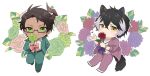  &gt;:) 2boys :3 animal_ears aragami_oga arm_behind_back bangs bespectacled black_hair bow bracelet brown_footwear chibi collared_shirt crossed_bangs dahlia earclip earrings fang floral_background flower flower_wreath full_body glasses green_eyes green_flower green_jacket green_pants green_rose hair_between_eyes holding holding_flower holostars horns jackal_boy jackal_ears jackal_tail jacket jewelry kageyama_shien leaf looking_at_viewer mafia_(holostars) male_focus mioto_(tsubsq_m) multicolored_hair multiple_boys necklace official_alternate_costume open_clothes open_collar open_hand open_jacket outline pants parted_bangs pink_bow pink_flower pink_rose purple_bow purple_flower purple_jacket purple_pants red_flower rose shirt short_hair single_earring single_horn skin_fang two-tone_hair v-shaped_eyebrows virtual_youtuber white_background white_footwear white_hair white_outline white_shirt yellow_eyes 