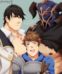  ... 3boys adam_(granblue_fantasy) armor artist_name bangs bara bare_pectorals between_pectorals black_hair blue_hoodie blush brown_gloves brown_hair chest_armor closed_mouth coat collared_shirt draph face_to_pecs gloves gran_(granblue_fantasy) granblue_fantasy head_between_pecs helmet hood hood_down hoodie kaiki_(osuppai) large_pectorals looking_at_another male_focus multiple_boys muscular muscular_male nipples open_clothes open_coat open_mouth open_shirt pectorals shirt short_hair smile upper_body v vaseraga white_coat white_shirt yaoi 