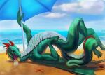  2022 anthro artist_name beach cloud colored digital_drawing_(artwork) digital_media_(artwork) dimonis dragon green_body horn male nude open_mouth outside red_horn sea seaside shaded signature sky smile solo summer umbrella water watermark 