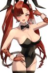  1girl 360_(taiyo360) absurdres animal_ears arknights black_bow black_bowtie black_legwear black_leotard bow bowtie breasts claws cleavage collar covered_navel cowboy_shot detached_collar extra_ears fake_animal_ears fang groin highres large_breasts leotard long_hair looking_at_viewer open_mouth playboy_bunny rabbit_ears red_eyes red_hair scales simple_background skin_fang solo strapless strapless_leotard thighhighs toddifons_(arknights) twintails v-shaped_eyebrows very_long_hair white_background white_collar white_wrist_cuffs 