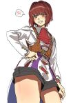  1boy androgynous angry ascot brown_eyes brown_hair ciconia_no_naku_koro_ni coat fang kuya_(hey36253625) mitake_miyao otoko_no_ko short_hair shorts solo thighs 