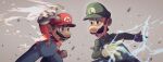  2boys blue_eyes blue_overalls brothers brown_hair energy facial_hair gloves green_headwear green_shirt grey_background highres hiyashimeso long_sleeves looking_at_another luigi male_focus mario mario_(series) multiple_boys mustache open_mouth overalls red_headwear red_shirt shirt short_hair siblings simple_background sweat teeth white_gloves 
