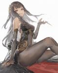  1girl al-azif_(masterwork_apocalypse) bangs bare_shoulders black_bodysuit black_gloves black_hair bodystocking bodysuit elbow_gloves gloves highres long_hair masterwork_apocalypse messikid red_eyes sitting slit_pupils 